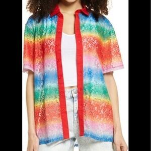 NEW PRIDE RAINBOW LACE button oversized top shirt swim cover NORDSTROM XS NWT